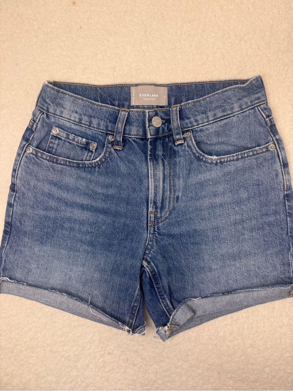 Everlane Mid-Blue High-Rise Rolled Hem Denim Shorts